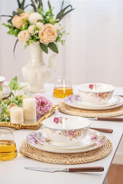 Dinnerware Sets, Plates Set, with Bowls, Artistic 12-Piece Ceramic Dinnerware, for Home Restaurant, Chip and Scratch Resistant, Microwave and Dishwasher Safe, Rose Collection