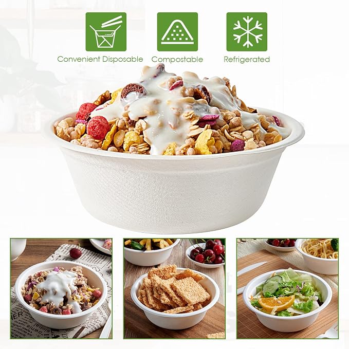 Vplus 180 Pack 16 OZ Compostable Paper Bowls, Bagasse Bowls，White | Disposable - Image 6