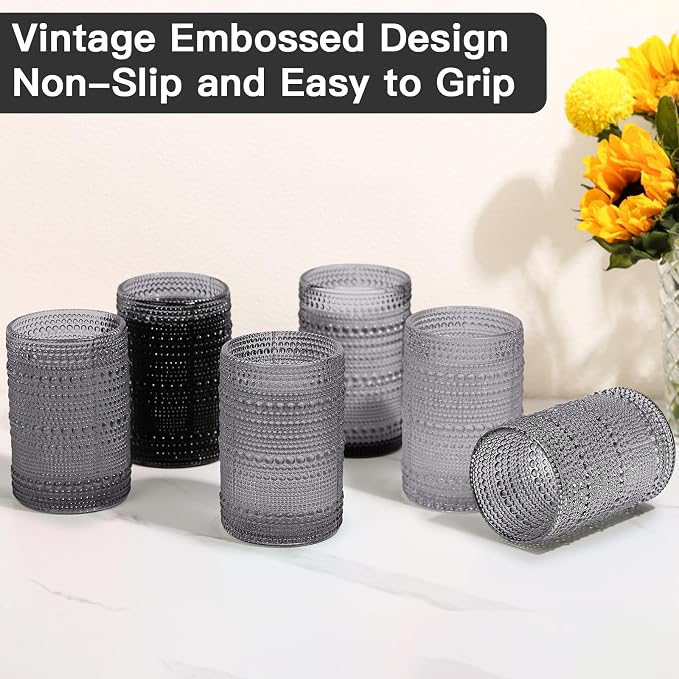 JOVGANK Grey Vintage Hobnail Drinking Glasses Set of 6, Embossed Water Tumbler - Image 6