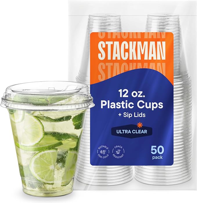 12 oz Clear Plastic Cups with Strawless Sip-Lids PET Crystal Clear Disposable by StackMan