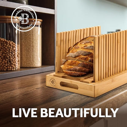 Bread Slicer for Homemade Bread - Bambüsi Upgraded Adjustable Bamboo Bread Cutter Board, Foldable Slicing Guide with Crumb Tray for Sourdough, Artisan Loaves, Bagels, Cakes, Bakery Kitchen Gadget Gift