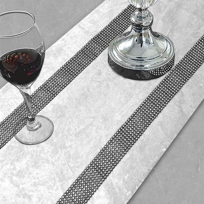 Elegant Sequin Rhinestone Creamy White Table Runner, Ombre Velvet, Double-Layer - Image 3