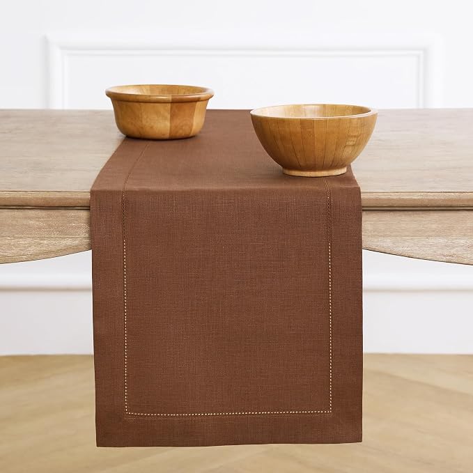 Solino Home 100% Pure Linen Dining Table Runner Brown Hemstitch, 14 x 72 in | by SolinoHome