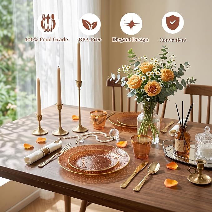 Rubtlamp 700Pcs Amber Gold Plastic Dinnerware Set, Hammered Clear Gold Plates - Image 3