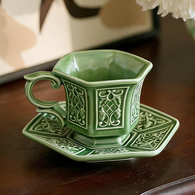 KAMMAK Tea Cups and Saucers Set of 2, 6 oz Porcelain Coffee Cups, SY004 | - Image 3