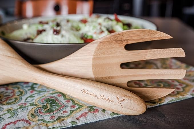 Large Bamboo Salad Server Set, 12-inch Salad Lifters - Image 4