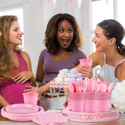 Kochorie 240 Pieces Pink Plastic Dinnerware Set Disposable Heavy Duty Plates Napkins Cups and Silverware Dessert Dinner Plates for Birthday Wedding Baby Shower Party Supplies, Serves 30 Guests