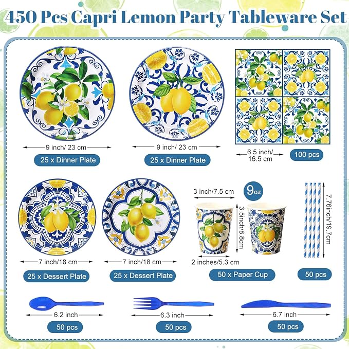 450 Pcs Capri Lemon Party Tableware Set Decorations, Serves 50 | Mediterranean - Image 3