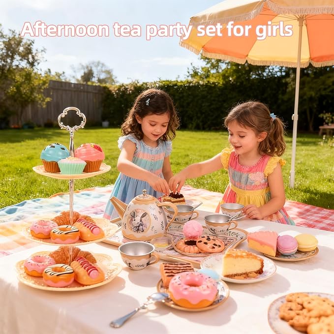 Tea Party Set for Girl, Tea Time Toys Including Tea Set Dessert Carrying Case - Image 3