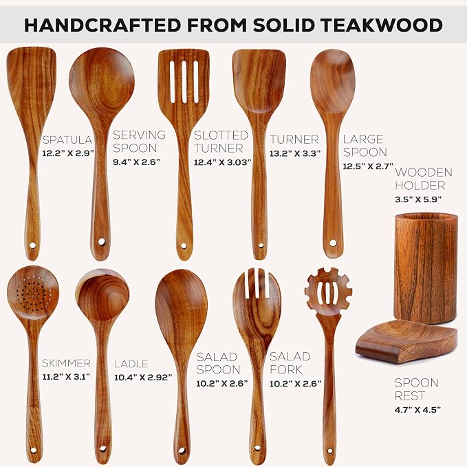 Zulay Kitchen 12-Piece Teak Wooden Utensils - Image 3