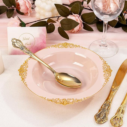 100PCS Pink Plastic Bowls - 12 oz Pink Gold Disposable Salad Bowls - Heavy Duty Disposable Soup Bowl - Fancy Plastic Ice Cream Bowl for Weddings Valentine's Day Parties Dinners Picnics