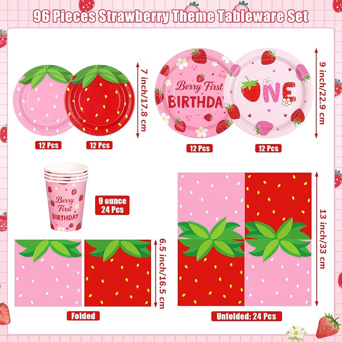 Kochorie 96 Pieces Berry First Birthday Decor Disposable Strawberry Tableware - Image 2