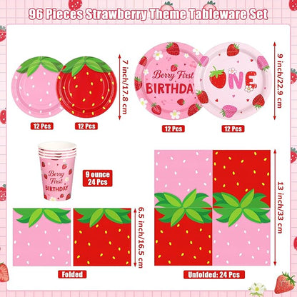 Kochorie 96 Pieces Berry First Birthday Decor Disposable Strawberry Tableware - Image 2