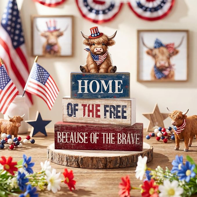 Moucuny 4 Pcs 4th of July Decorations Patriotic Highland Cow Wooden Block Sign - Image 2