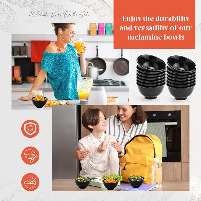 Tioncy 20 Pack 10 oz Melamine Bowls Black Round Dessert Bowls Set - Image 5