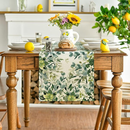 Artoid Mode Green Flowers Floral Eucalyptus Summer Table Runner, Seasonal - Image 2