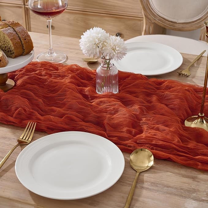 3 Pack Terracotta Fall Cheesecloth Table Runners, 120 Inch 10Ft Orange Gauze - Image 2