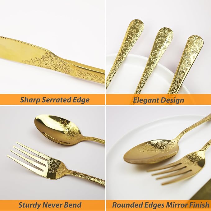 Runfly Modern Carved Floral Gold Stainless Steel 20-Piece Flatware Set | - Image 2