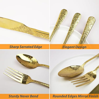 Runfly Modern Carved Floral Gold Stainless Steel 20-Piece Flatware Set | - Image 2