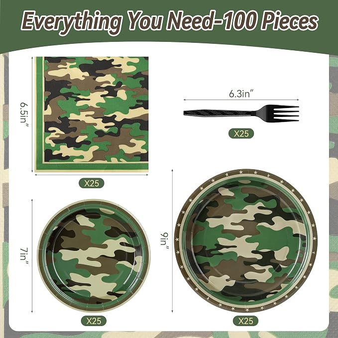 100 Pcs Disposable Camouflage Party Tableware Set - Image 2