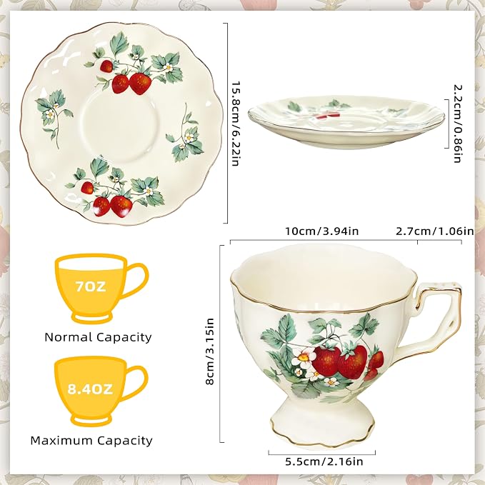 Tea Cups and Saucers Set, Porcelain Coffee Mugs, 8.4 OZ Vintage Coffee Cups - Image 2