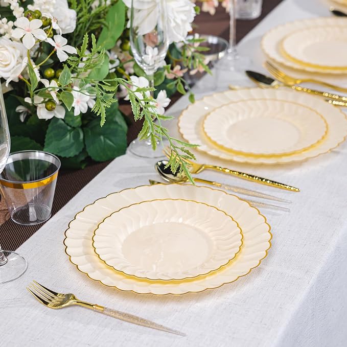 Lullaby 60PCS Light Yellow Scalloped Plastic Plates - Image 7