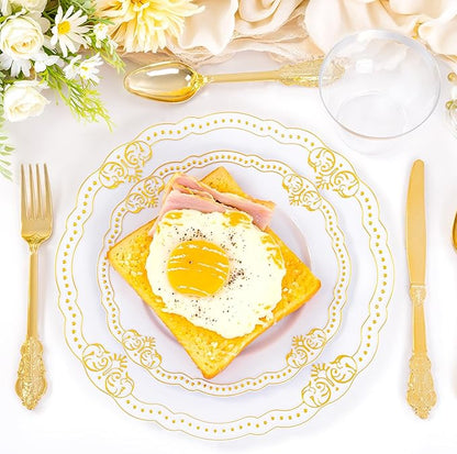 Ciaell 350 PCS Gold Plastic Plates - White and Gold Plates - Gold Disposable Plates Include 50 Disposable Plate, 150 Heavy Duty Silverware, 50 Cups, 50 Napkins for Wedding & Party