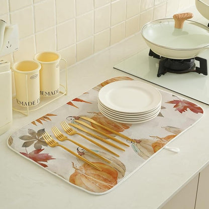 Fall Pumpkin Dish Drying Mat for Kitchen Counter 18x24 Inch Pumpkin Maple Leaf - Image 2