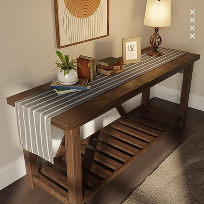Encasa XO Cotton Dining Table Runner | Roma Grey Stripes | Size 13x72 in - Image 2