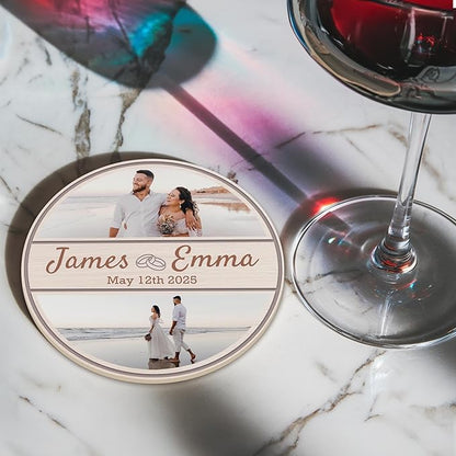 100 Pack Personalized Wedding Coasters, Custom Cardboard Coasters for Drinks with Photo Print and Text, Keepsake Wedding Favors and Gifts for Couples, 3.95" Round (Design 8)