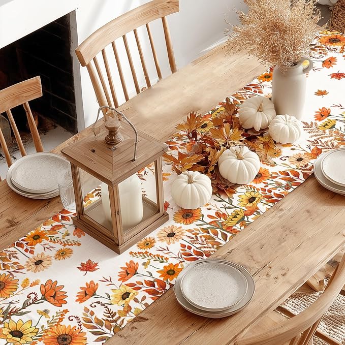Fall Pumpkins and Sunflowers Table Runner 13x108 Inch, Maple Leaves Farmhouse - Image 9
