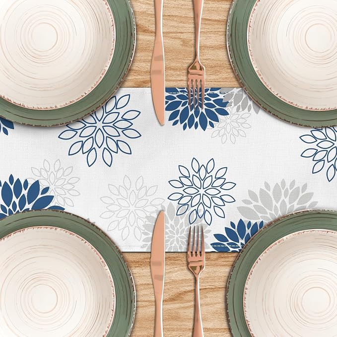 Dahlia Flower Table Runner 13x36 Inch Farmhouse Blue Gray Runners Modern Table - Image 4