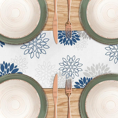 Dahlia Flower Table Runner 13x36 Inch Farmhouse Blue Gray Runners Modern Table - Image 4