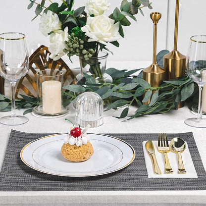 N9R 100PCS Gold Plastic Plates, 10.25 inch White Disposable Dinner Plate with Gold Rim, Heavy Duty Plates for Party Wedding and Birthday
