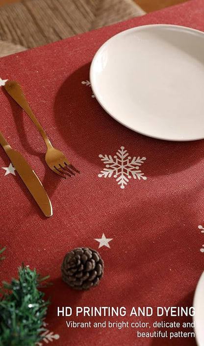 ISAENNE Designer Christmas Red Extra Long Rectangle Tablecloth,Linen Table Cloth with Snowflakes Pattern,Wrinkle Resistant Decor Tablecloths for Dining Kitchen Thanksgiving,67"*118"-Carol C