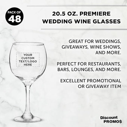 Custom Premiere Wedding Wine Glasses 20.5 oz Set of 48, Personalized Bulk Pack - Restaurant Glassware, Perfect for Red Wine or White Wine - Clear