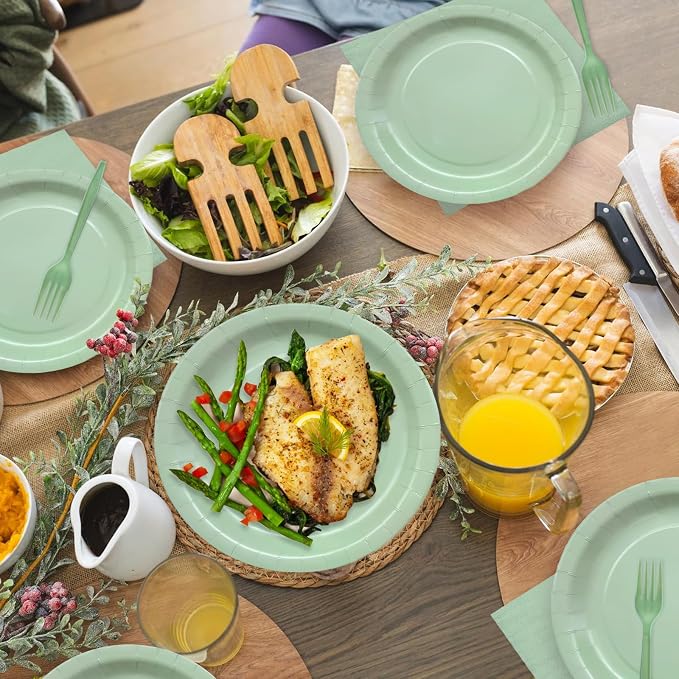 96 Pieces Sage Green Tableware Party Supplies - Image 4
