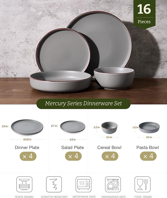 Famiware Mercury 16-Piece Stoneware Plates and Bowls, Dark Grey | Dinnerware Set - Image 2