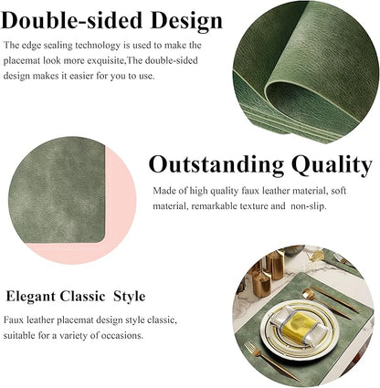 Cowhide Pattern PU Leather Placemats Set of 6 Heat Resistant Kitchen Table Mats, Non-Slip Dining Table Decorations, Double-Sides Waterproof Wipeable Place mats(Green)