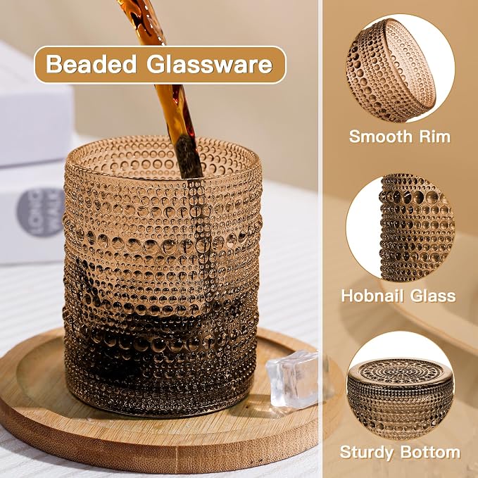 JOVGANK Brown Vintage Hobnail Drinking Glasses Set of 6, Embossed Water Tumbler - Image 4