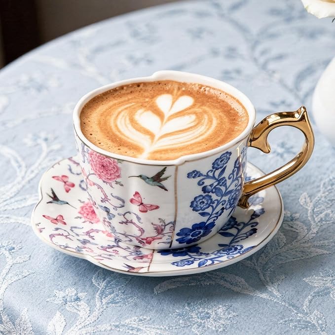 KAMMAK Tea Cups and Saucers Set of 2, 8 oz Porcelain Coffee Cups, YX018 | - Image 4