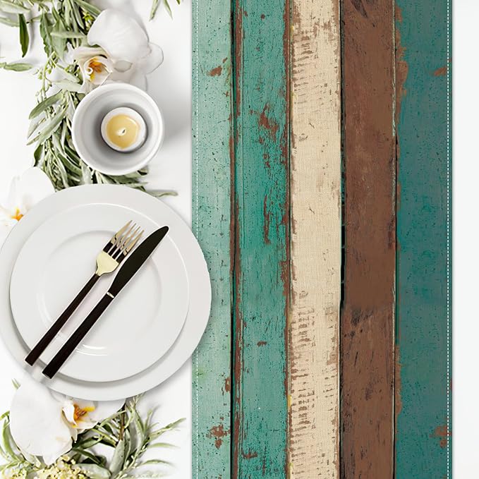 Vintage Farmhouse Wood Texture Dining Table Runner, Retro Rustic Teal | Brown - Image 4