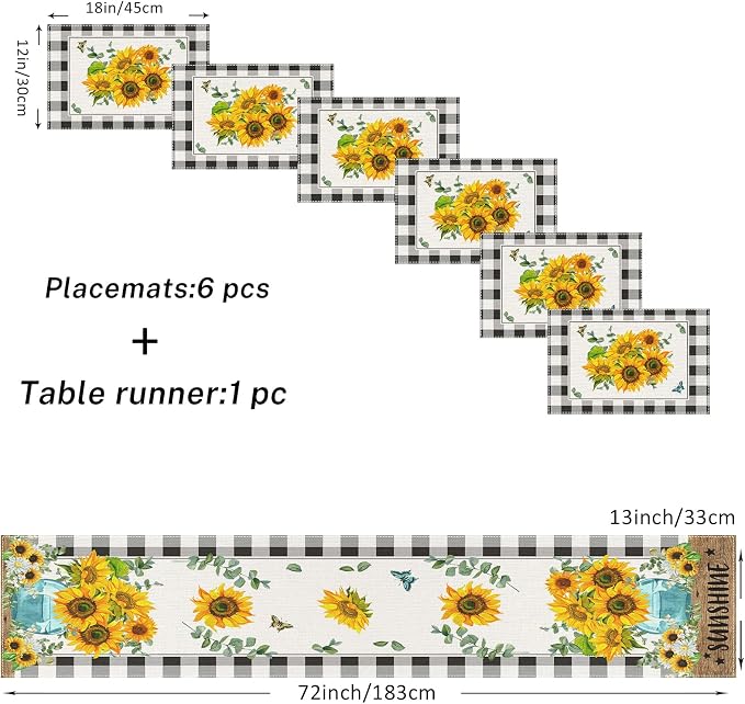 Table Runner and Placemats Set of 6, Sunflower Buffalo | Plaid Floral Flower - Image 3