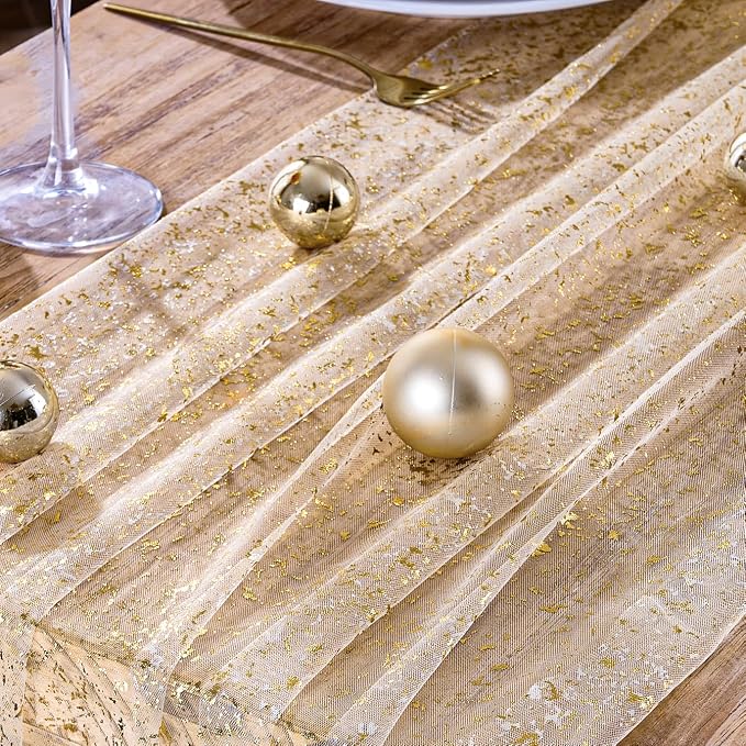 12PC Gold Sparkly Gauze Table Runner 120 Inch 10FT Dining Wedding Baby Shower - Image 3