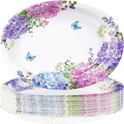 50 Pcs Hydrangea Flowers Oval Paper Plates Large 10"x12" Blue Purple Pink Hydrangea Floral Plates Disposable Heavy Duty Flower Plate for Spring Wedding Bridal Baby Shower Decoration Tea Party Supplies