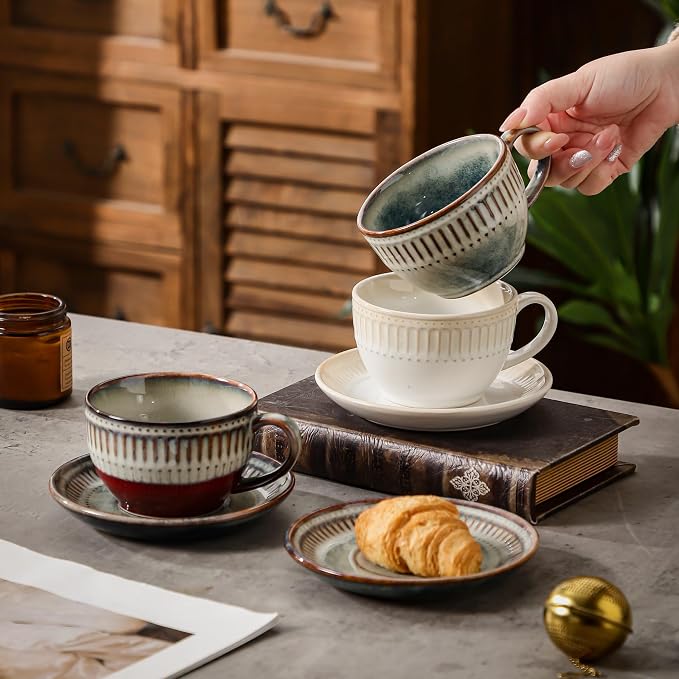10Oz ceramic coffee cup and saucer sets, elegant striped pattern, unique kiln - Image 9