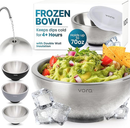 Vora 70oz Dip Chiller Bowl with Lid | Stainless Steel Chilled Dip Bowl for Dips, Guacamole, Hummus, Salsa | Insulated Serving Dishes with Easiest Water Fill & Refillable Chamber