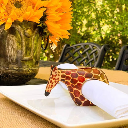 Global Crafts Handcarved Mahogany Wooden Napkin Ring Holders, Giraffe, Set of 6 (KWF012_G)