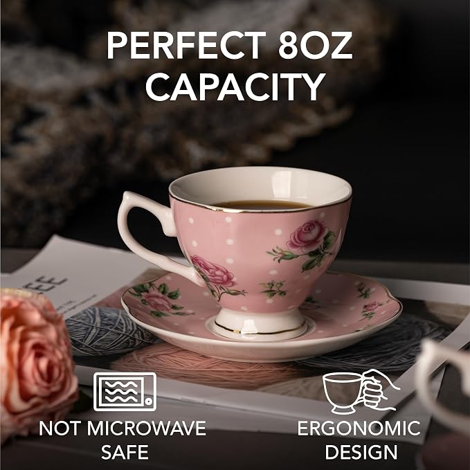 BTaT- Floral Tea Cups and Saucers, 8 oz, Fine Porcelain Teacup Set - Image 3