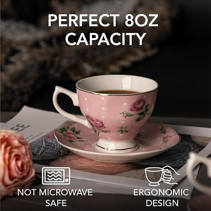 BTaT- Floral Tea Cups and Saucers, 8 oz, Fine Porcelain Teacup Set - Image 3